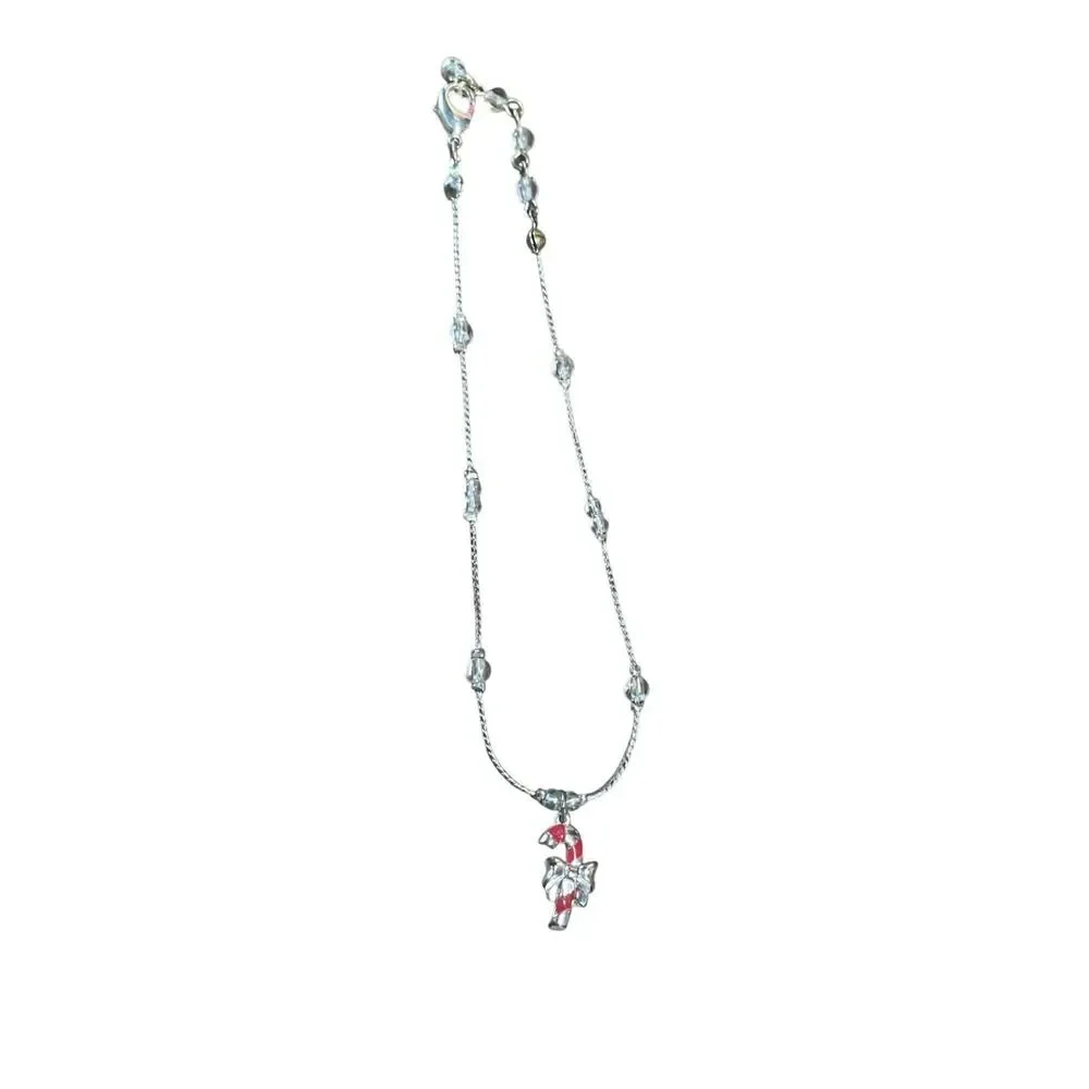Candy Cane Holiday‎ Christmas Necklace Silver Tone Beaded Chain Pendant